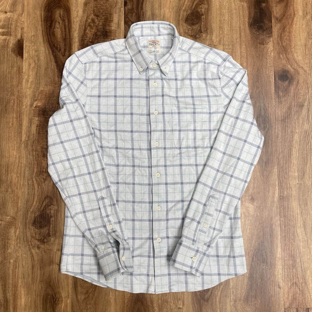 Faherty Coastline Knit Shirt Mens Small White Blue Plaid Long Sleeve Stretch